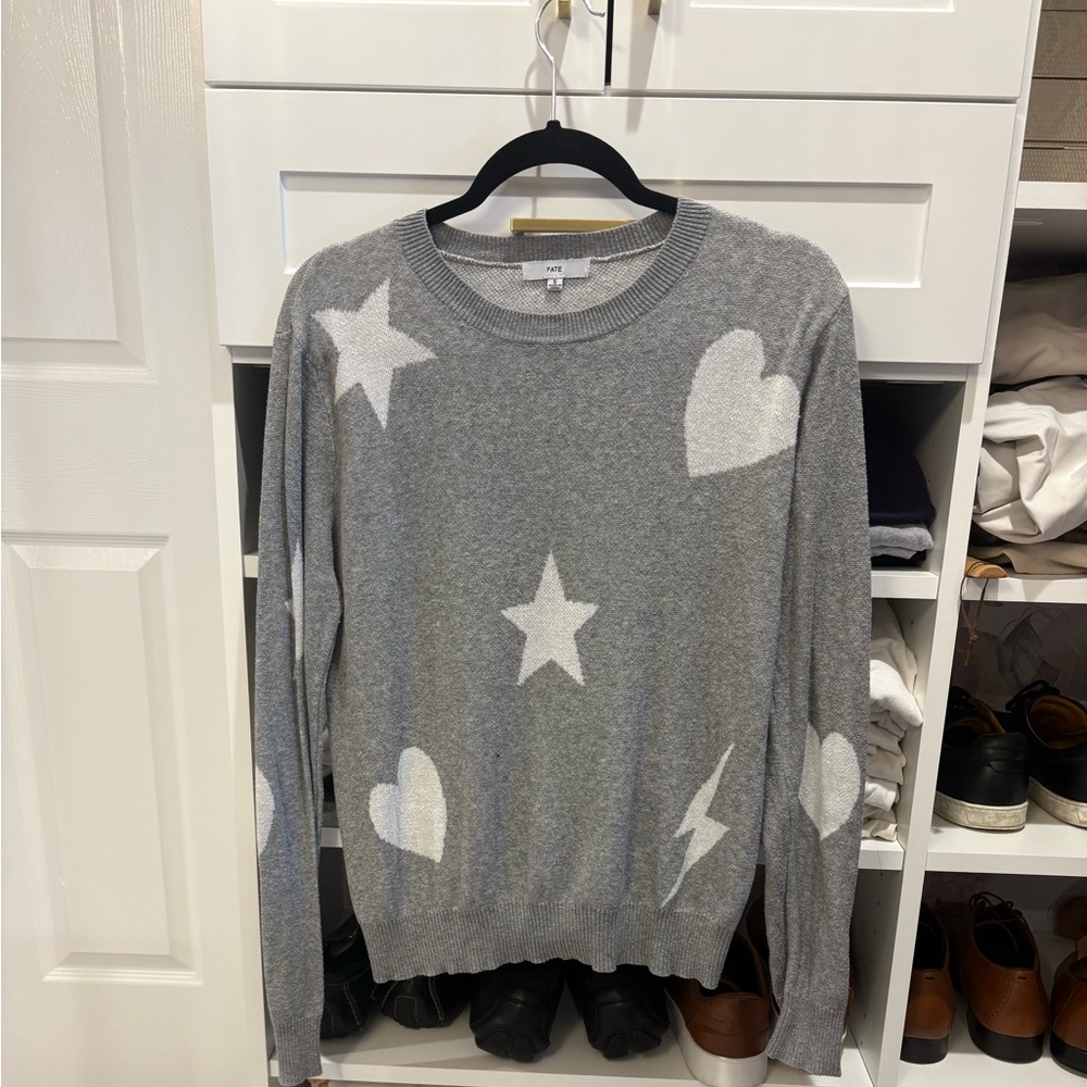 Fate Gray Sweater with White Stars and Hearts